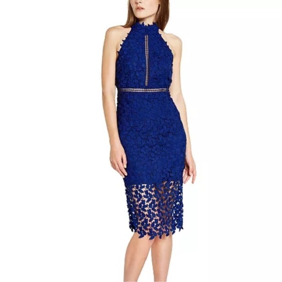 Revolve Bardot Gemma Lace Sheath Halter Dress XS/4 Royal Blue Eyelet - Picture 1 of 16